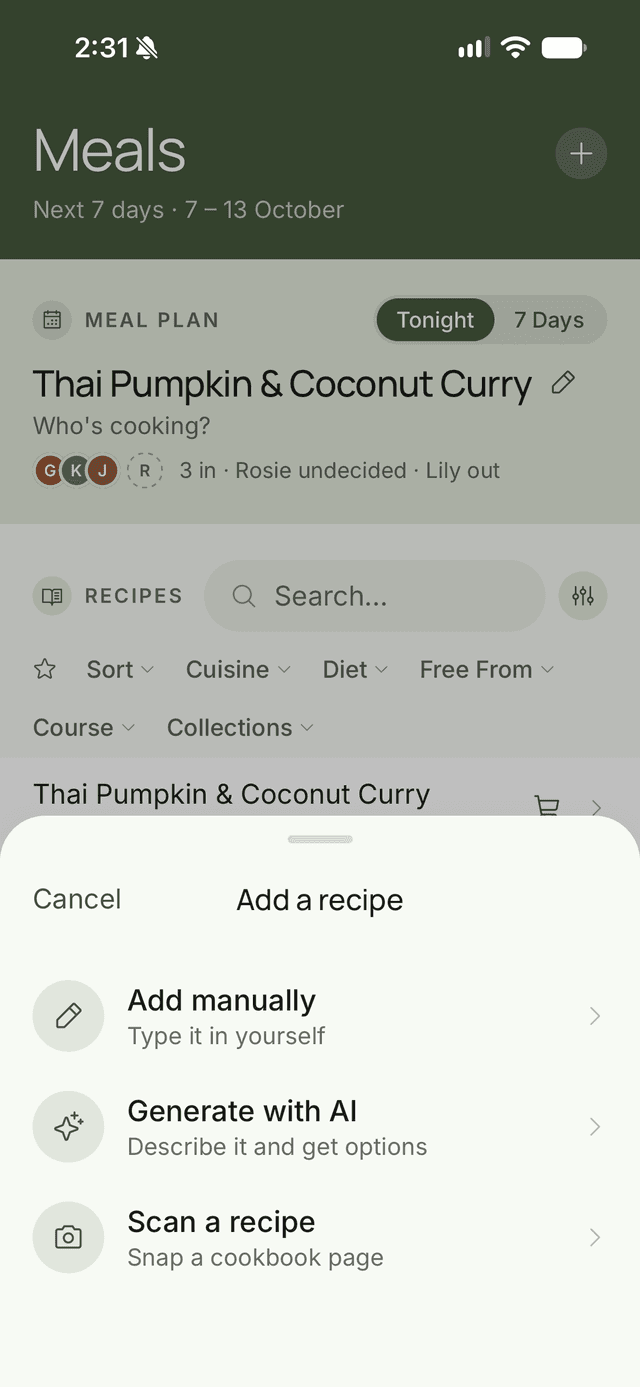 FamFam's Add a recipe sheet with options to type a recipe in, generate one with AI, or scan a cookbook page