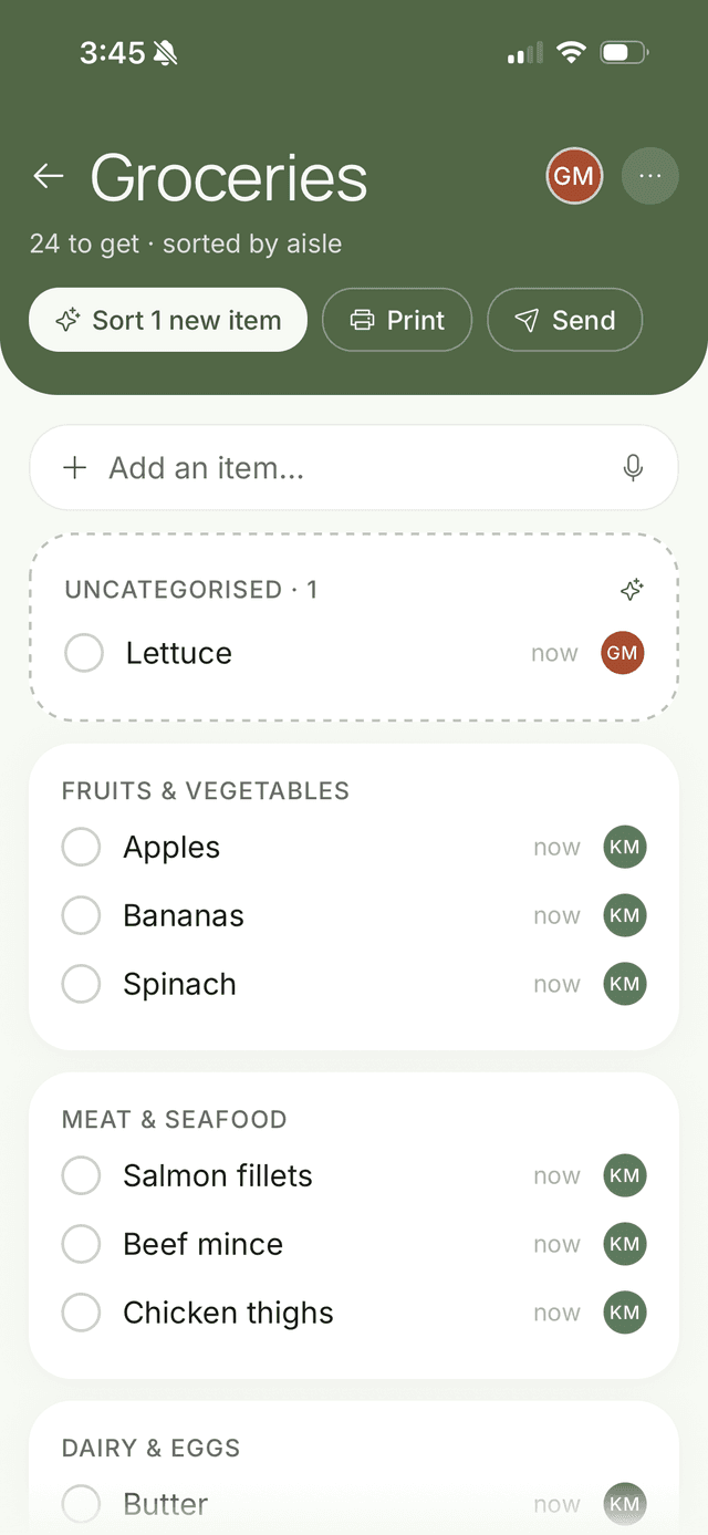FamFam groceries list sorted by aisle, with AI sorting, print and send buttons