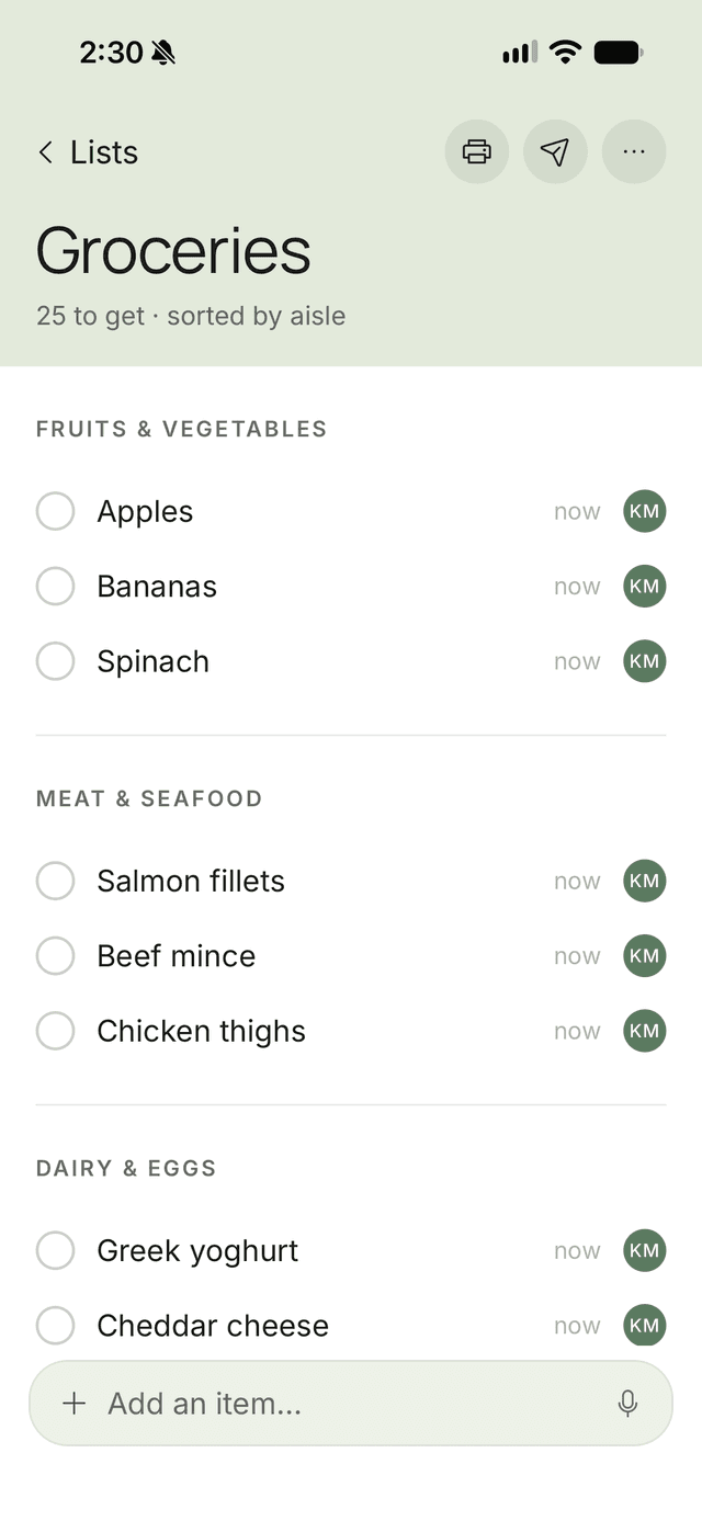 FamFam grocery list sorted by aisle, showing who added each item, with print, send and voice buttons