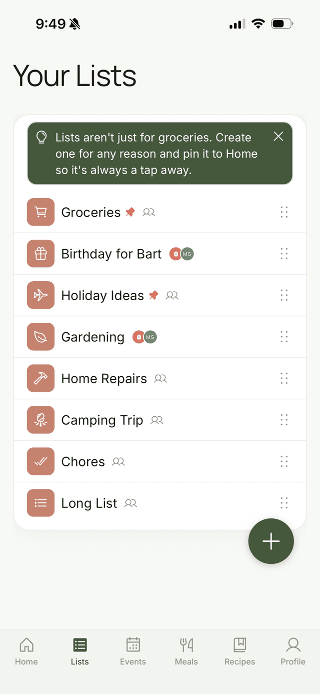 FamFam shared lists screen showing family shopping lists