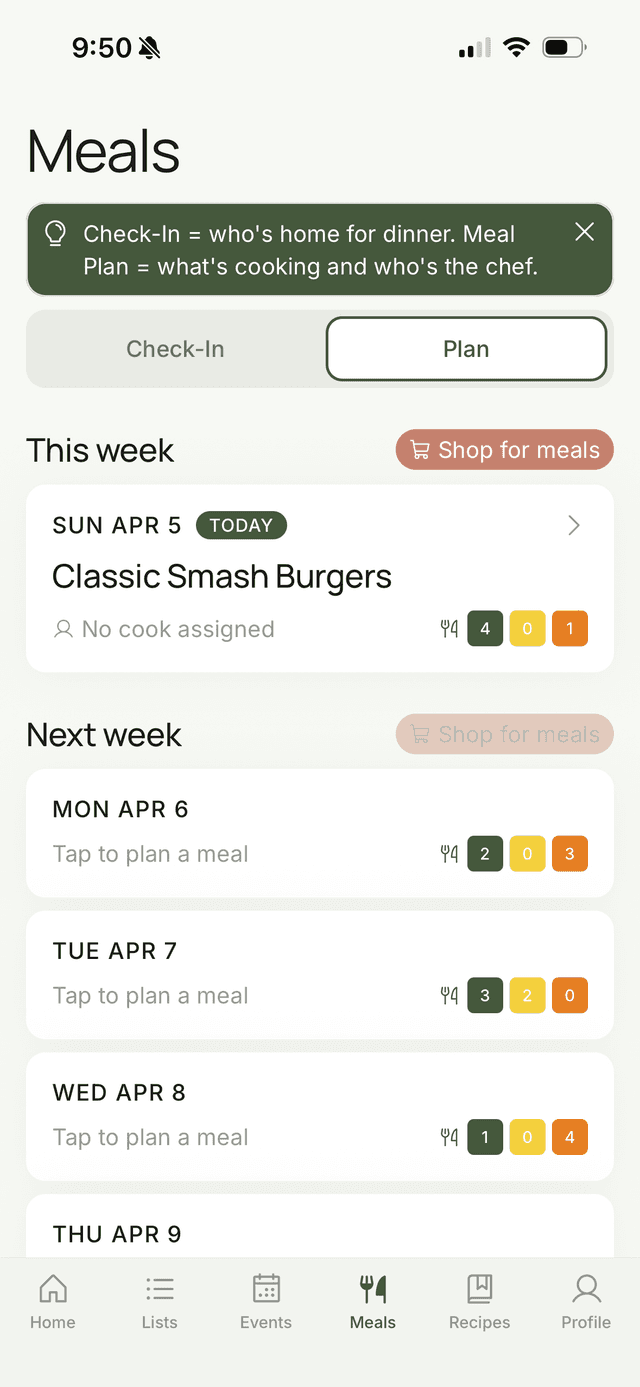 FamFam meal plan view showing weekly meals with Shop for meals button