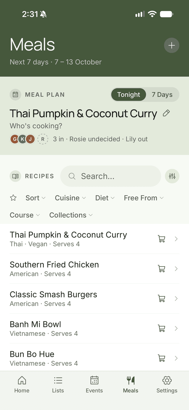 FamFam meals screen showing tonight's planned dinner and who's eating, above the family recipe library with cuisine, diet, allergen and course filters