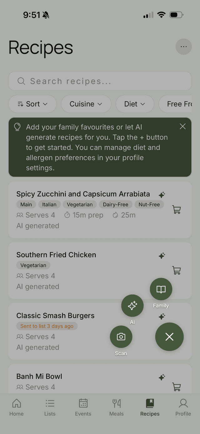FamFam recipes screen with search, filter pills, and AI-generated recipes