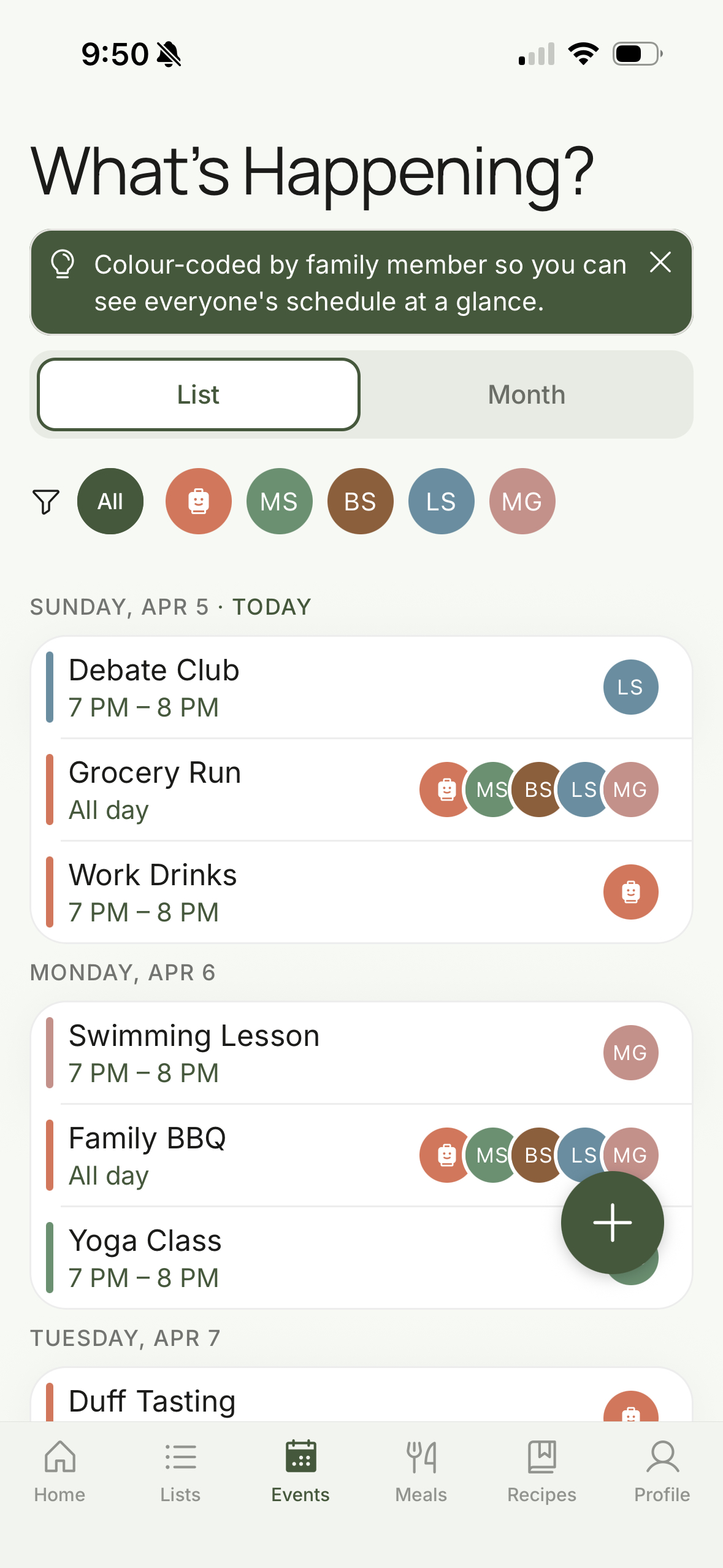 Famfam family calendar with colour-coded events