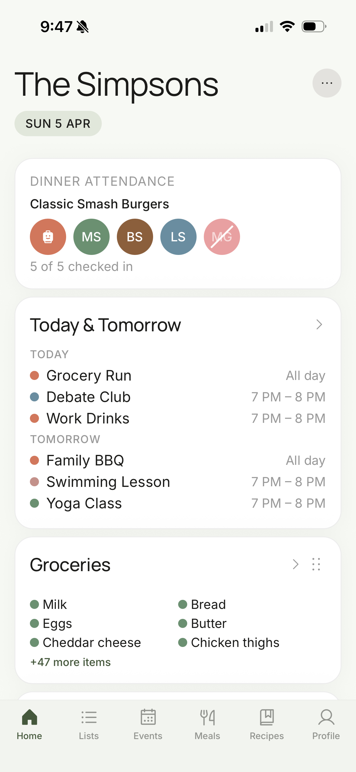 Famfam home screen — dinner attendance, events, groceries